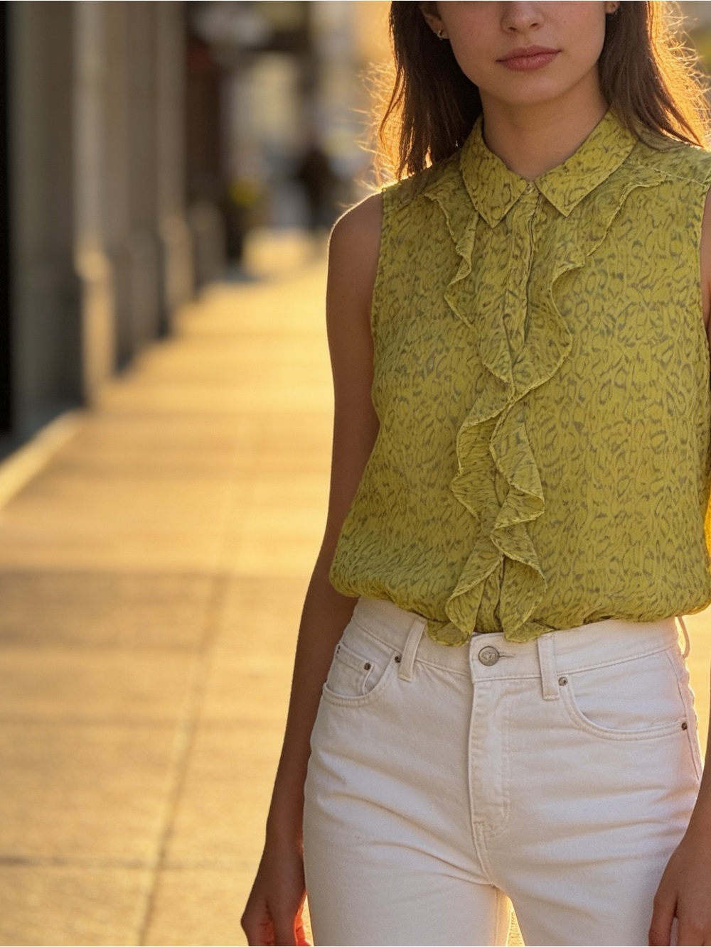 CAbi Sleeveless Ruffle-Front Blouse in Chartreuse